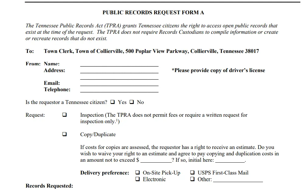 A screenshot of Collierville Police Department's 'Public Records Request Form A' that requires basic information and a driver's license from the requestor.