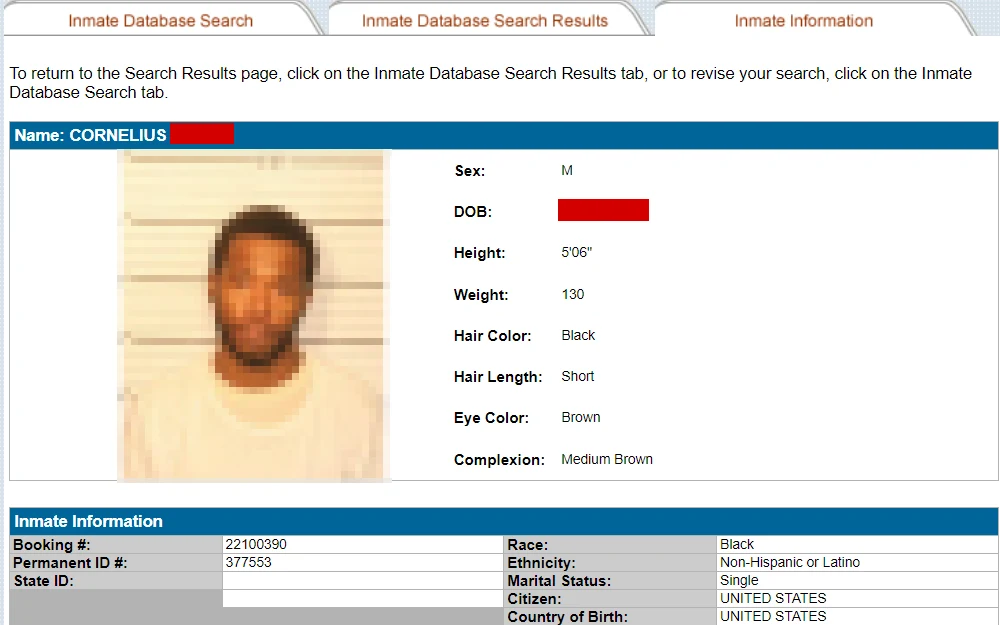 A screenshot of inmate details from the Shelby County Sheriff's Office's inmate lookup with name, date of birth, booking no., permanent ID no., etc.