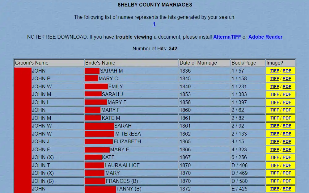 A screenshot of the Shelby County marriages from the County's Register of Deeds displays information such as groom and bride's names, date of marriage, book/page and image.