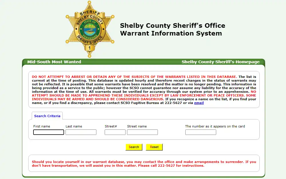 A screenshot of the warrant information system provided by the Shelby County Sheriff's Office requires users to input the subject's name and address to search.