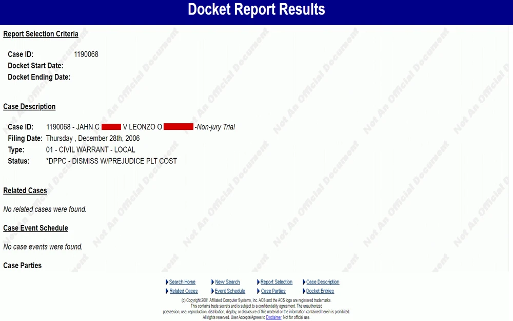 A screenshot of docket report result from a legal database, which includes a case ID, the type of case, its filing date, and current status indicating a dismissal, but contains no details regarding event schedules or related cases.