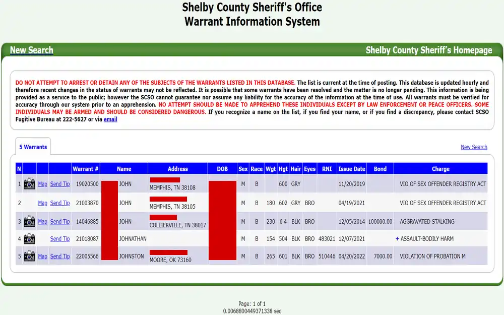 A screenshot from a law enforcement website showing a list of individuals with details such as warrant numbers, names, addresses, dates of birth, and charges, emphasizing that the information is updated regularly for public service and safety reasons.