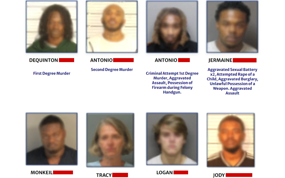A screenshot of individuals with their first names and blurred last names, each associated with different criminal charges ranging from serious violent crimes to firearm possession.