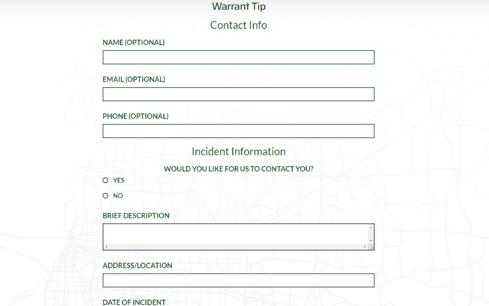 A screenshot of form for submitting tips regarding warrants, with fields for providing optional contact information including name, email, and phone, as well as incident information such as a brief description, location, and date.